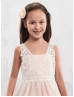 Beaded V Neck Ivory Lace Tulle Pink Lining Ankle Length Flower Girl Dress